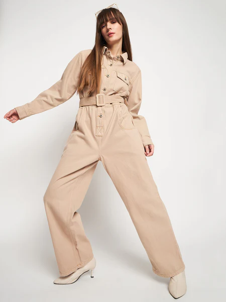 Beige Belted Cargo Jumpsuit