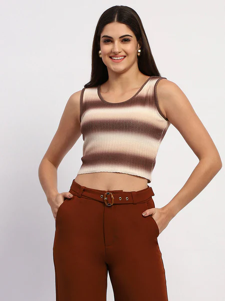 Striped Sleeveless Cotton Brown Crop Sweater