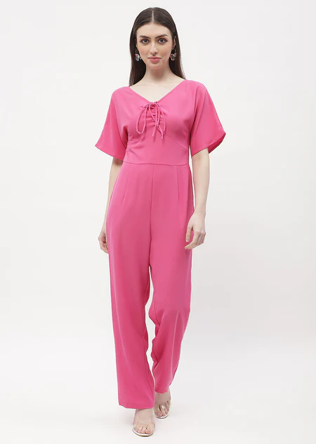 Tie-Up Neck Hot Pink Trumpet Sleeve Jumpsuit