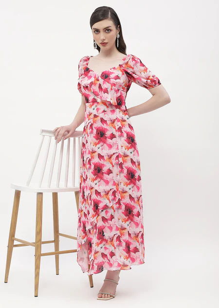 Sweetheart Neck Hot Pink Floral Maxi Dress