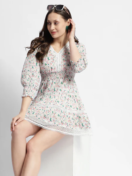 Ditsy Floral Print V-Neck Mini Dress