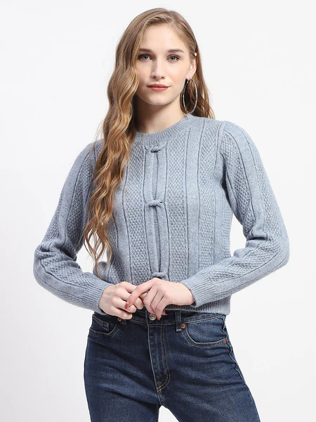Rib Neck Blue Knitted Sweater
